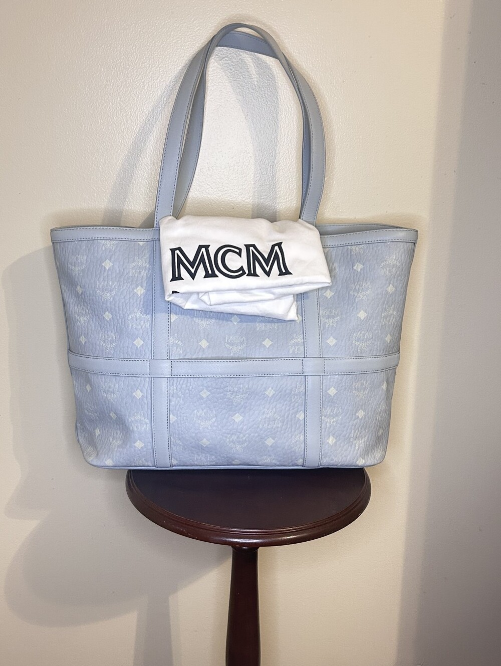 MCM Light Blue Monogram Canvas Tote